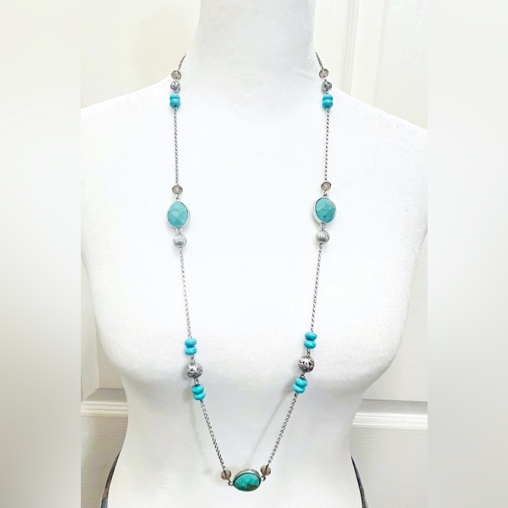RMN Silver Tone Turquoise Long Necklace